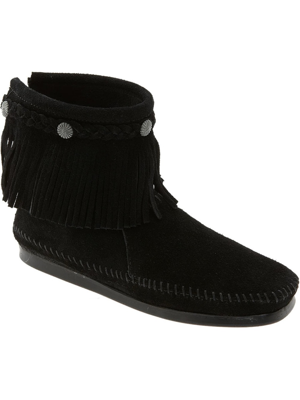 Minnetonka Black Suede Fringed Braided High Top Zipper Moccasin Style Bootie